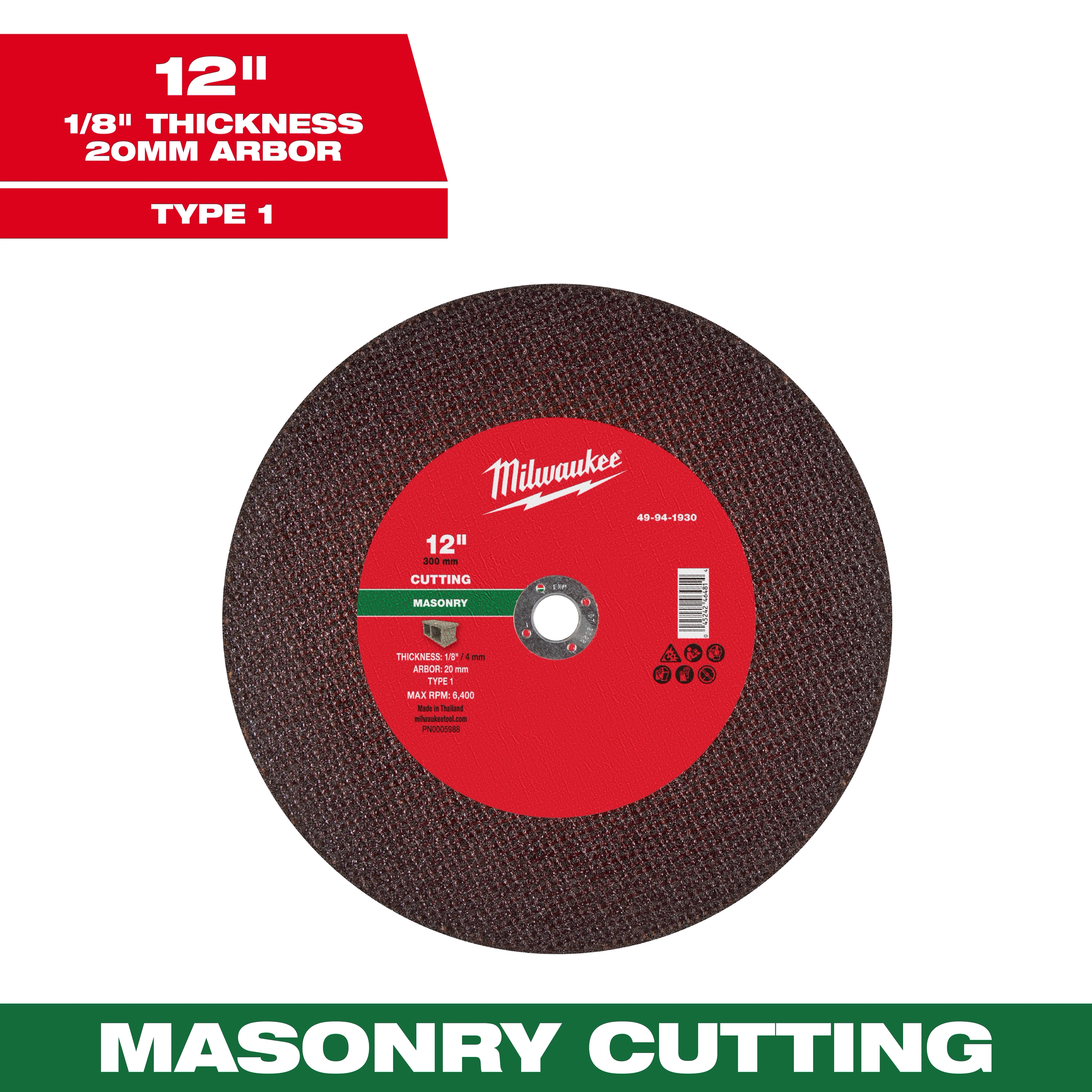 12" x 1/8" x 20mm Masonry Cut Off Wheel - Type 1 for masonry cutting with 1/8" thickness and 20mm arbor size, red center.
