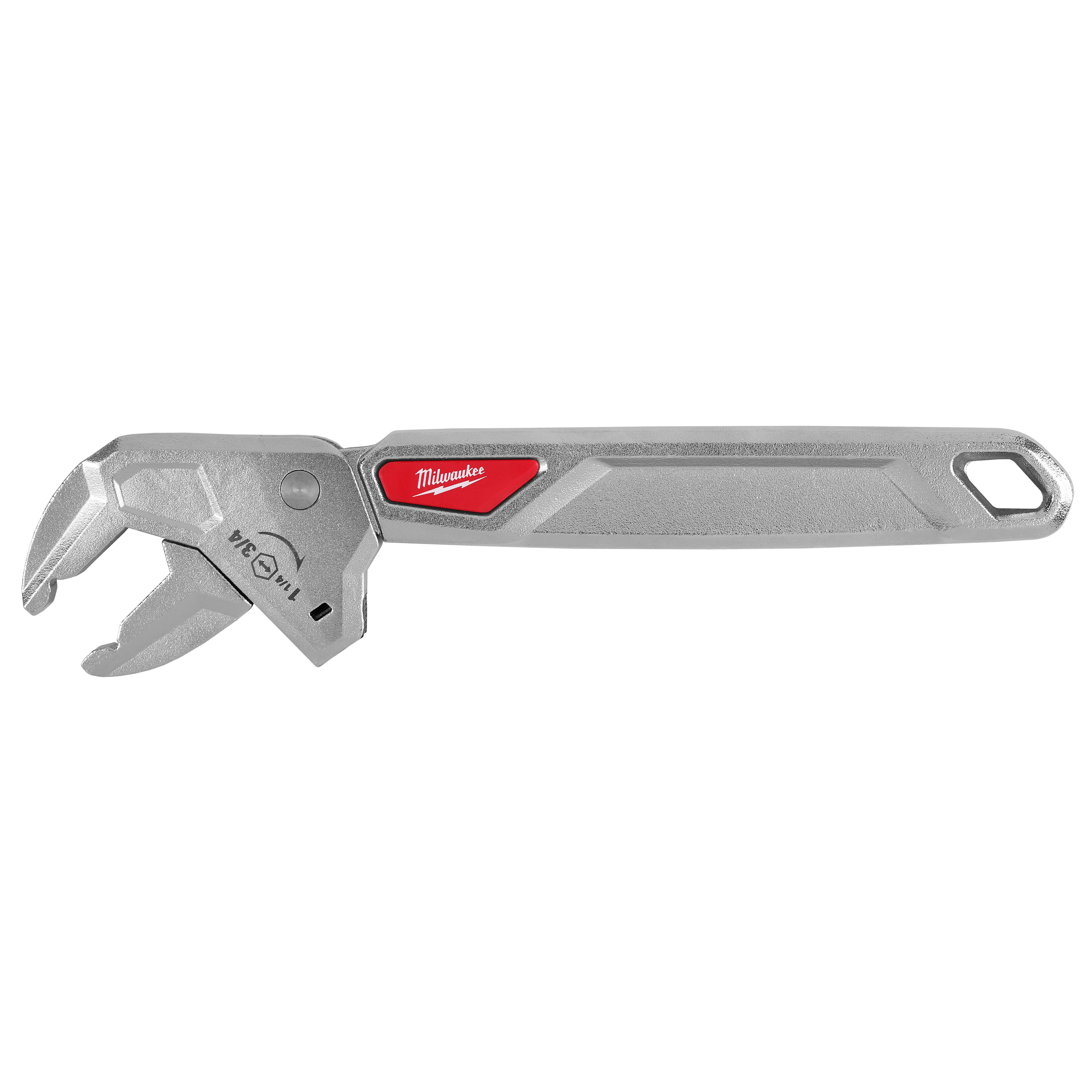 10" Ratcheting Adjustable Wrench with a metal body, open jaw, and long handle featuring a red accent near the head.