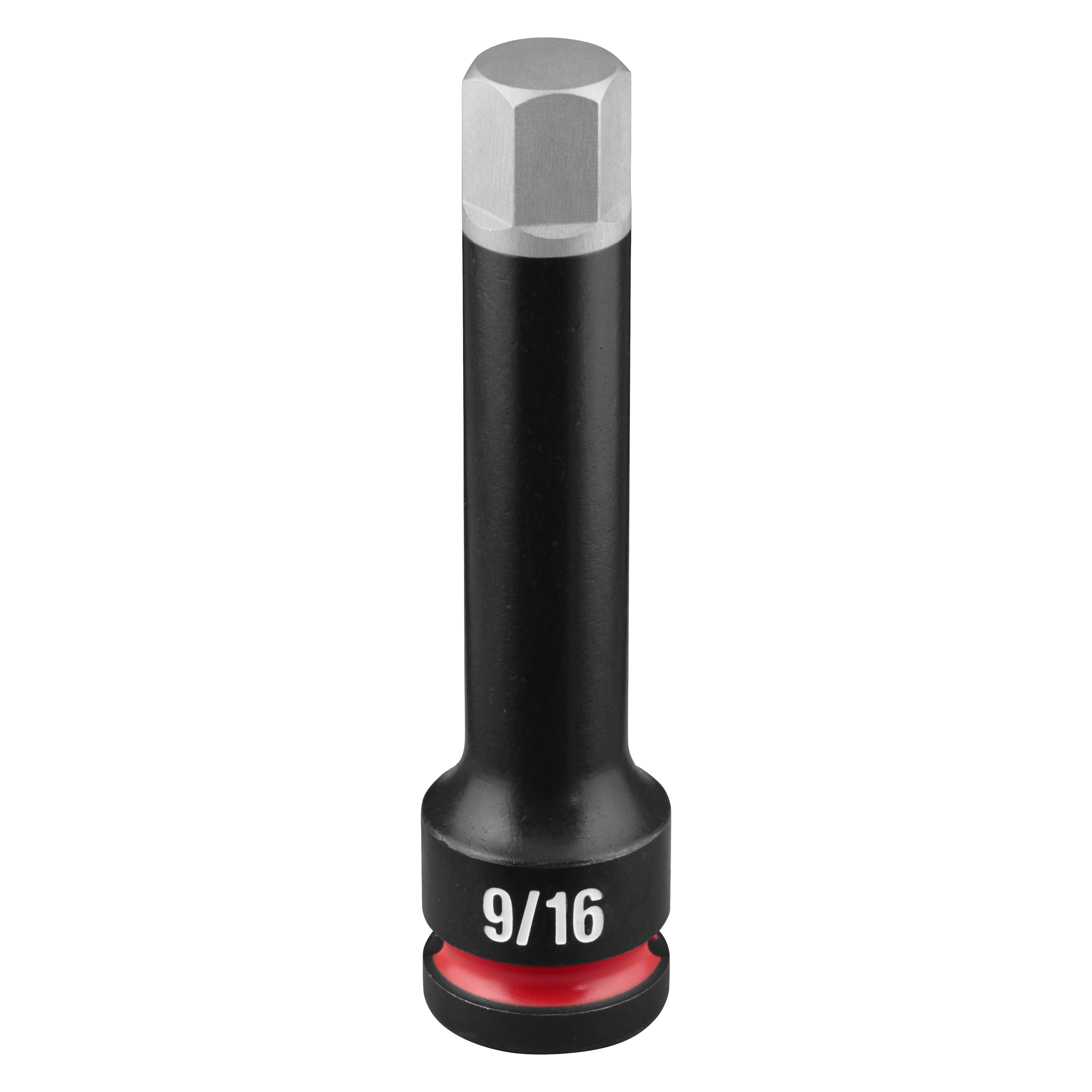 SHOCKWAVE Impact Duty 1/2" Drive 4" Hex 9/16" Bit Socket standing upright with 9/16 marking and red ring near base.