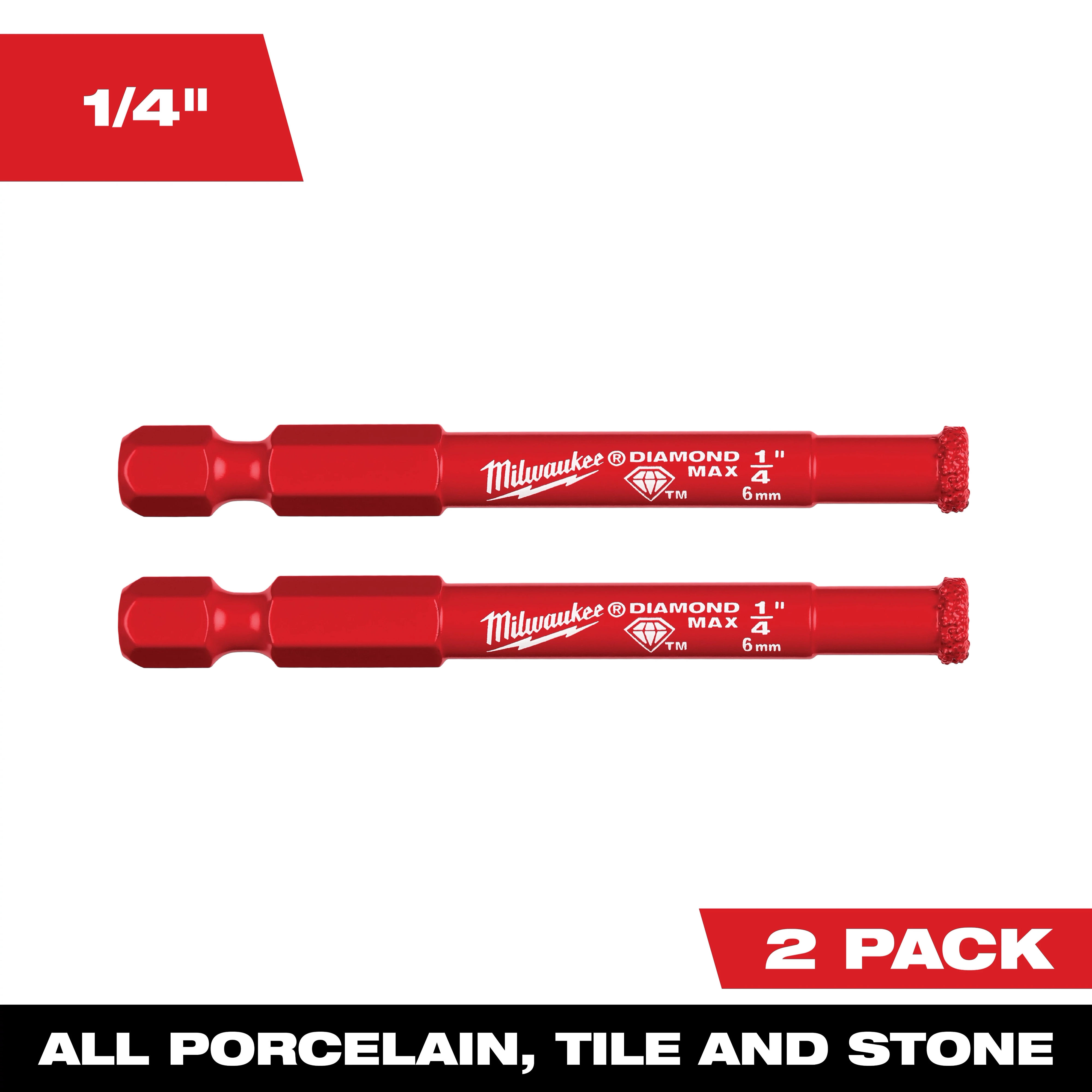 Milwaukee DIAMOND MAX 1/4" Diamond Grit Hole Saw in a 2-pack, suitable for all porcelain, tile, and stone.