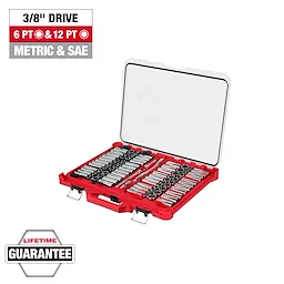 The image shows a 98pc 3/8" 6-Pt and 12-Pt Metric & SAE Ratchet & Socket Set with PACKOUT™ Low-Profile Organizer. The red organizer is open, displaying various sockets and tools neatly arranged inside. Labels indicate 6-point and 12-point sockets, metric and SAE measurements, and a lifetime guarantee.