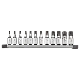 The 12pc 3/8" Drive Triple Square Bit Socket Set includes twelve shiny, chrome-finished bit sockets arranged linearly on a metal rail. Each socket has a different bit size and is labeled accordingly. The bits feature a triple square design for precision use and heavy-duty tasks.
