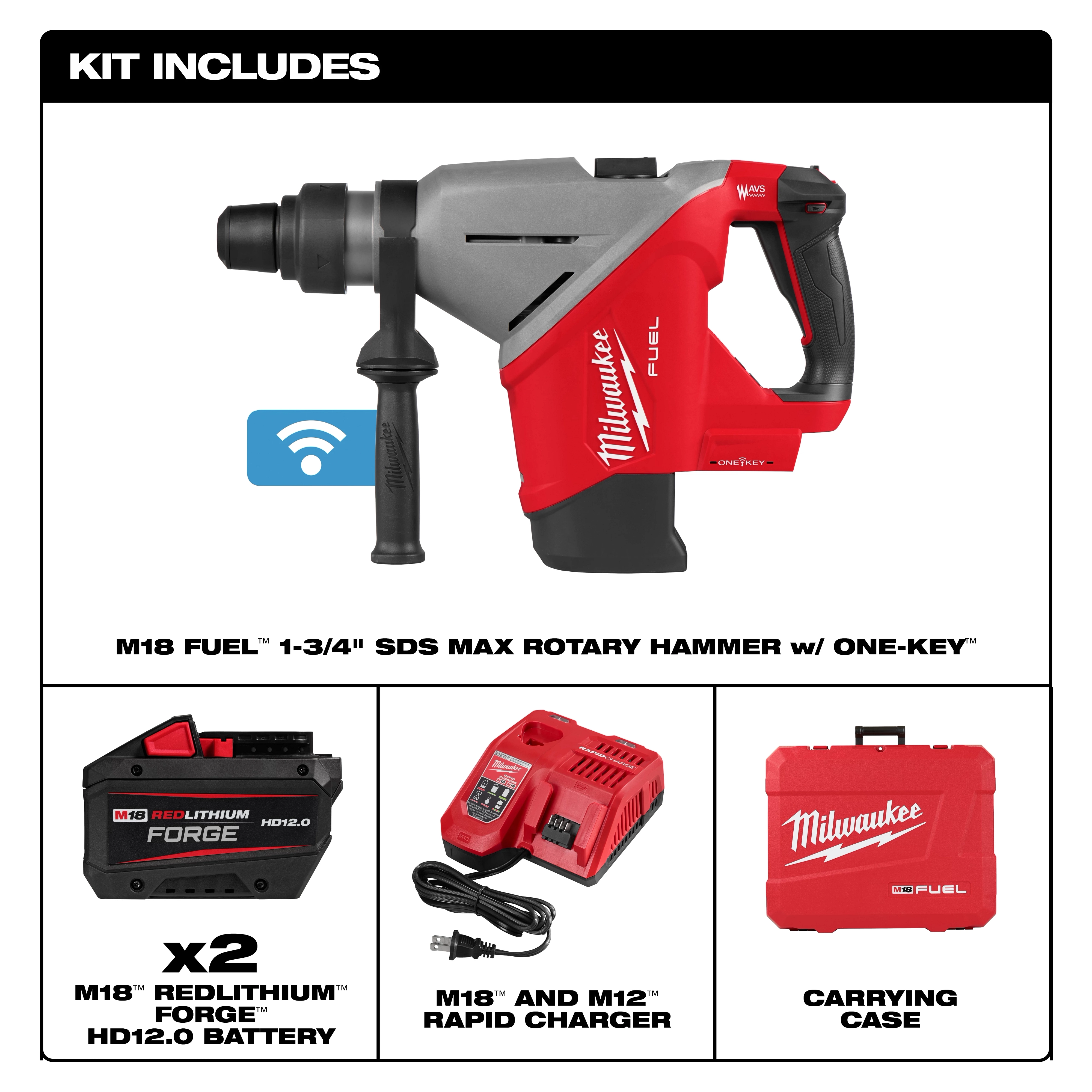 Milwaukee M18 FUEL 1-3/4" SDS MAX Rotary Hammer with ONE-KEY, two M18 REDLITHIUM HD12.0 batteries, rapid charger, and carrying case.