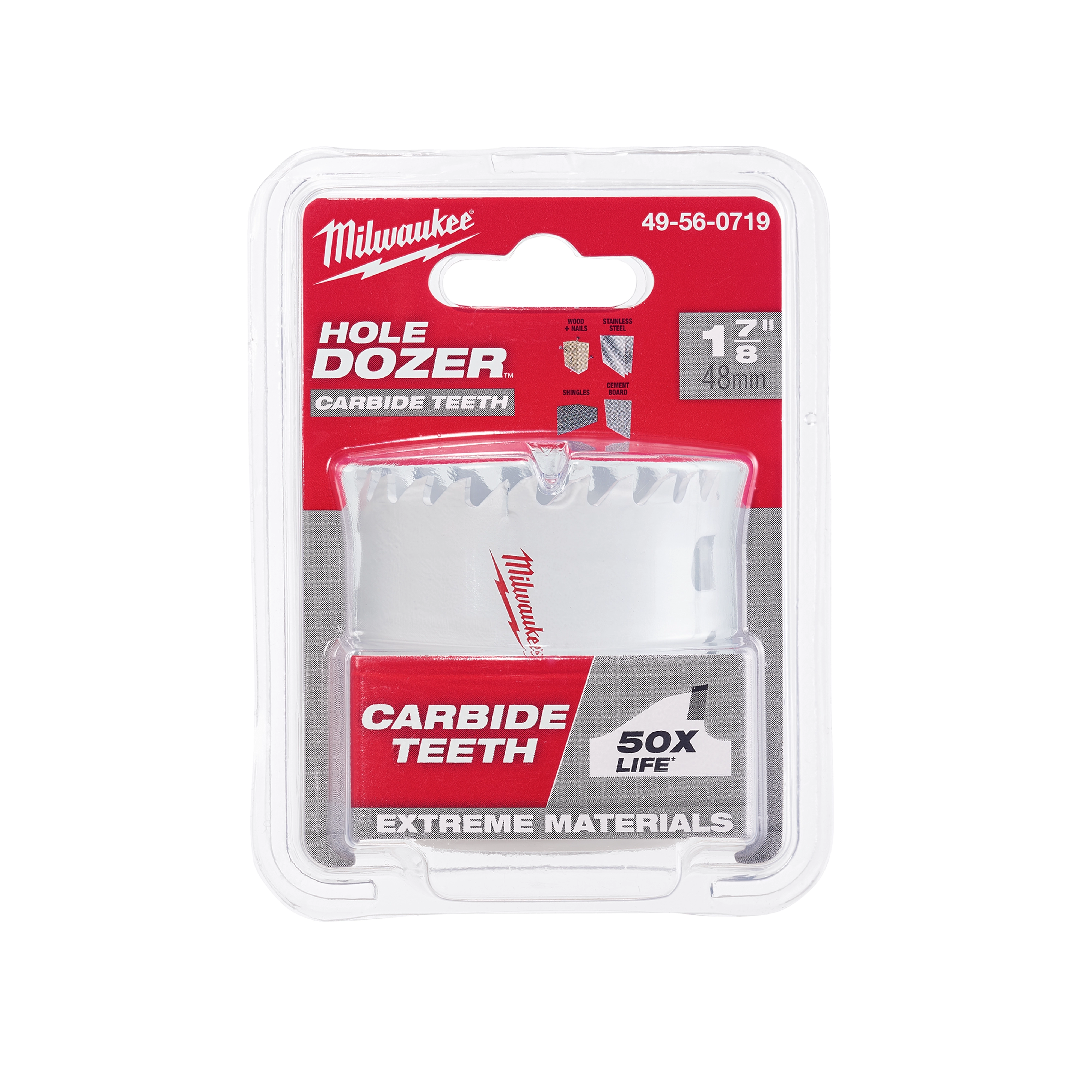 Milwaukee 1-7/8 inch Hole Dozer with carbide teeth, designed for extreme materials, promising 50 times longer life span.