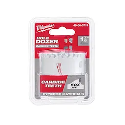Milwaukee 1-7/8 inch Hole Dozer with carbide teeth, designed for extreme materials, promising 50 times longer life span.