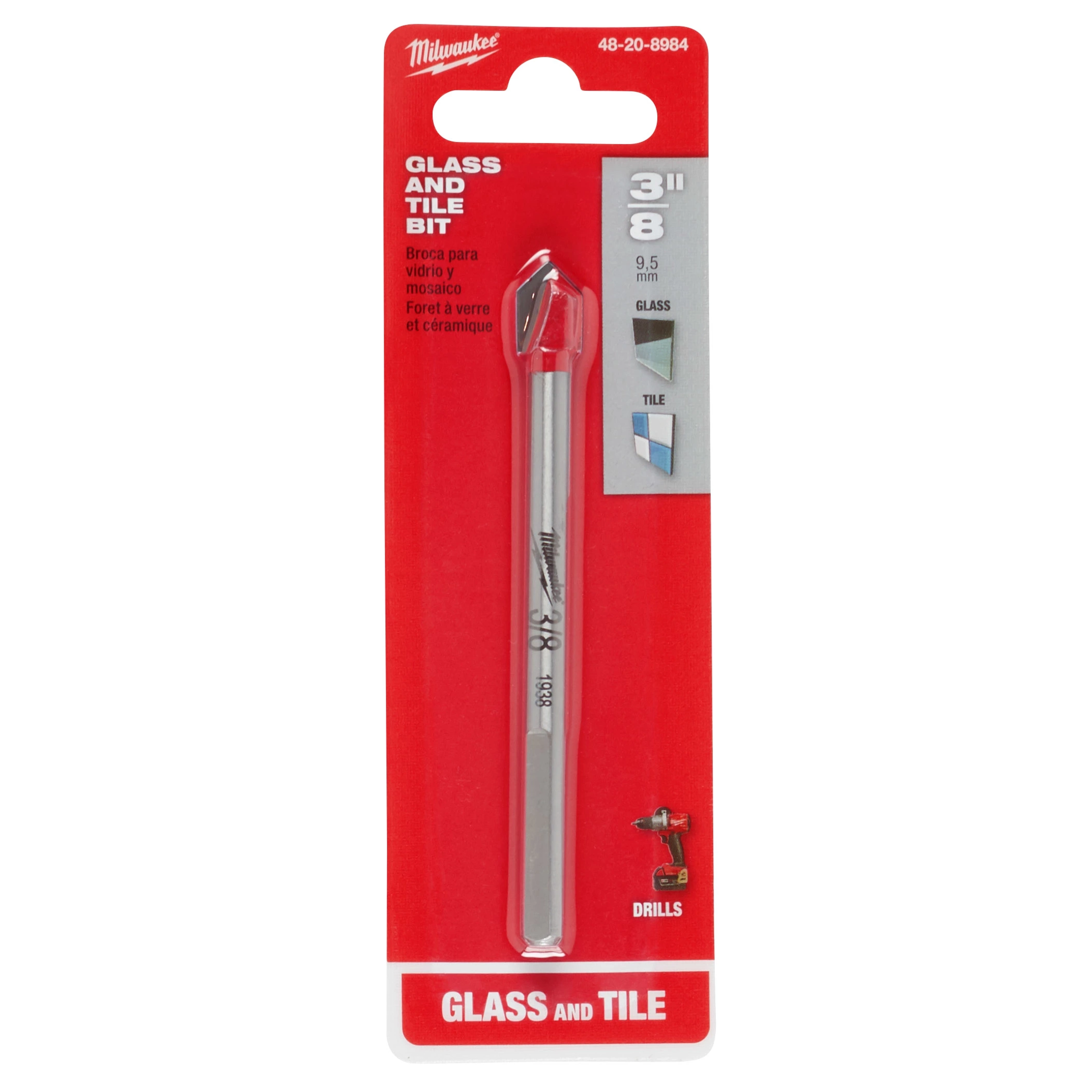 Glass and Tile Bit, 3/8". Silver drill bit in red packaging, suitable for glass, tile, marked with "9.5 mm." Compatible with drills.