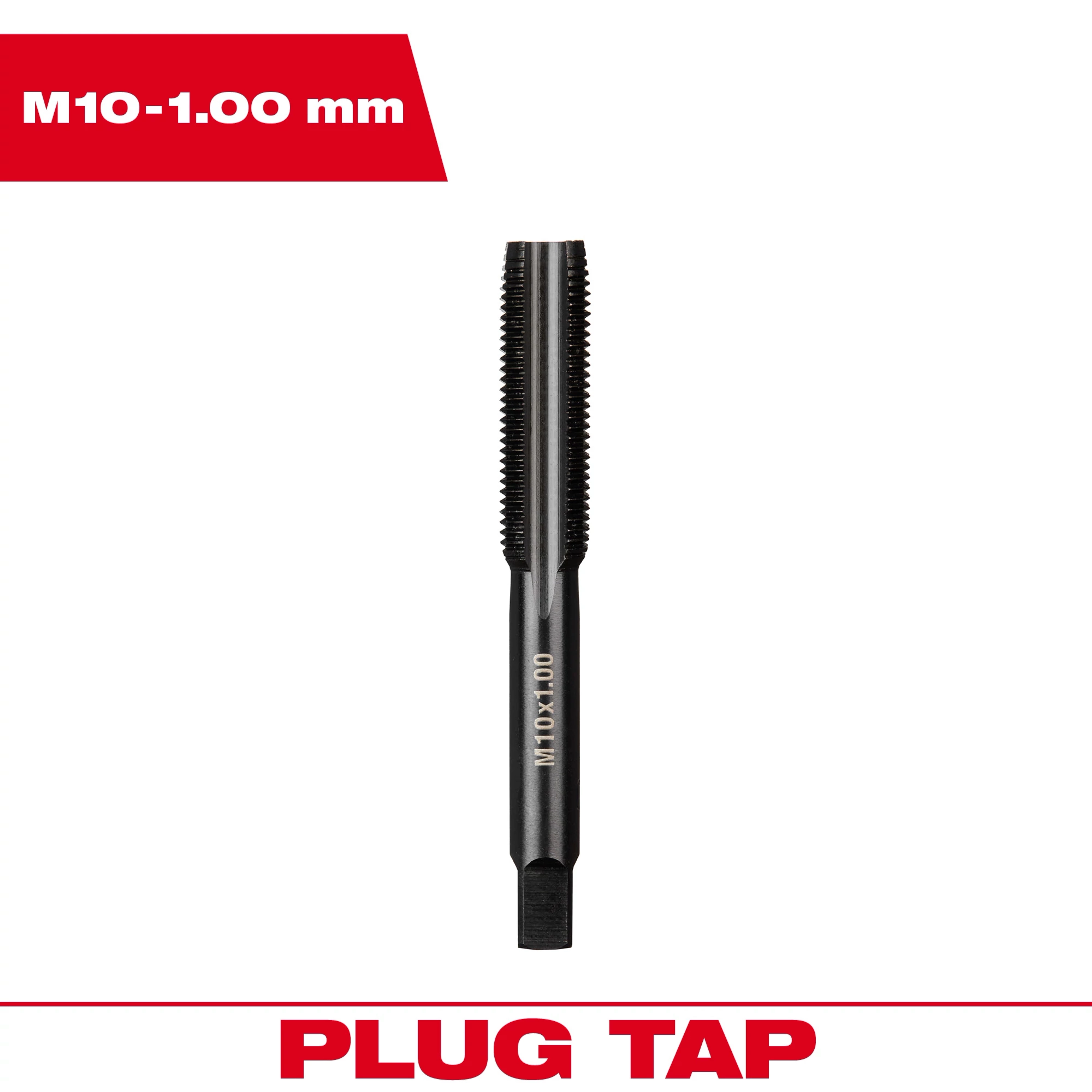 M10-1.00 mm Straight Flute Plug Tap shown vertically with black finish, labeled "M10-1.00". Red text reads "PLUG TAP".
