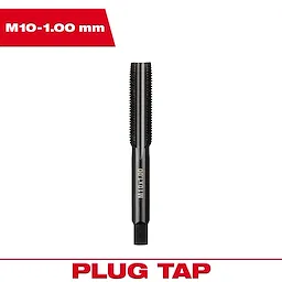 M10-1.00 mm Straight Flute Plug Tap shown vertically with black finish, labeled "M10-1.00". Red text reads "PLUG TAP".