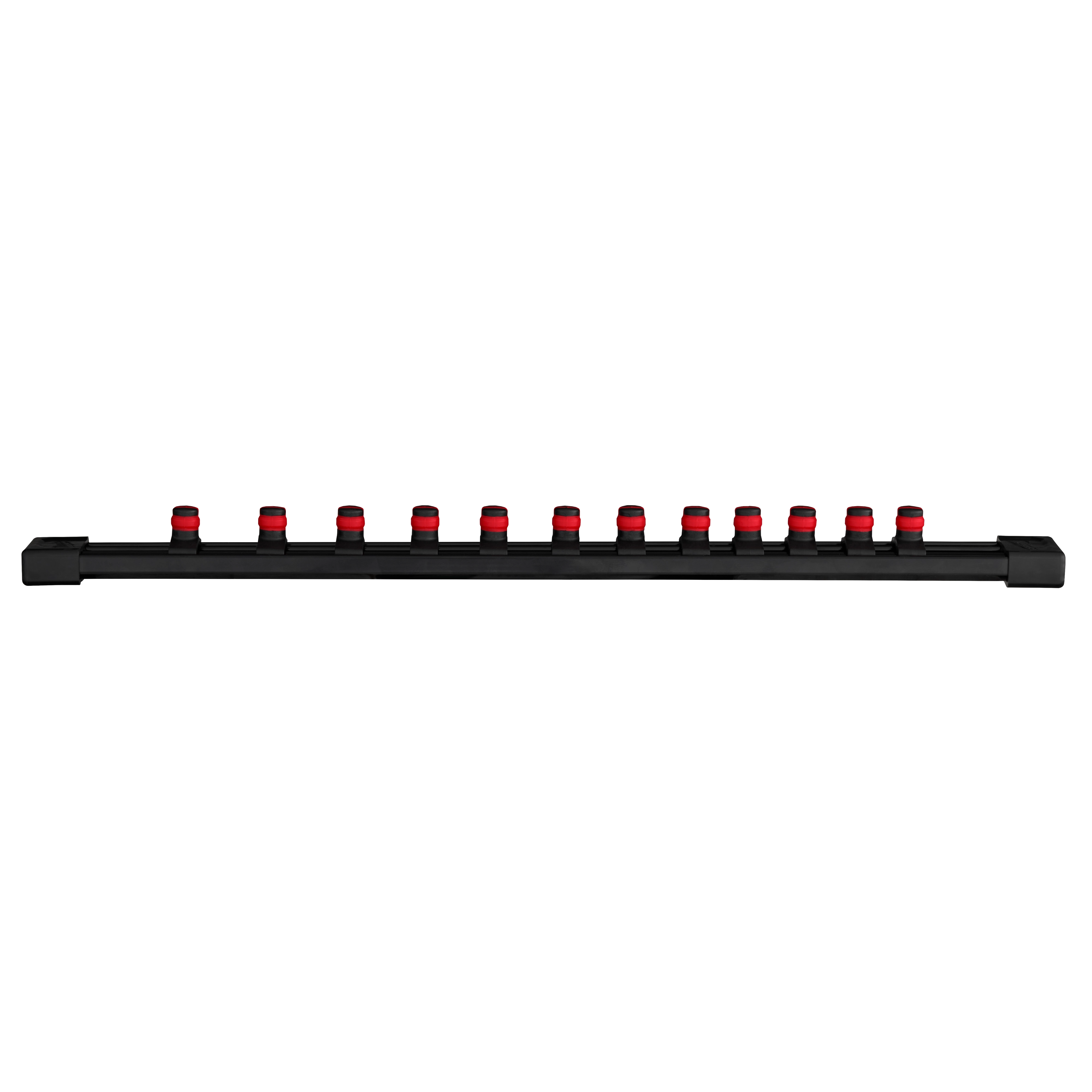 This image shows a 12-piece 3/8” Drive 12-Point Metric Socket Set arranged on a black rail. Each socket is silver with a red band at the top.
