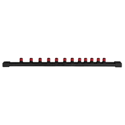 This image shows a 12-piece 3/8” Drive 12-Point Metric Socket Set arranged on a black rail. Each socket is silver with a red band at the top.