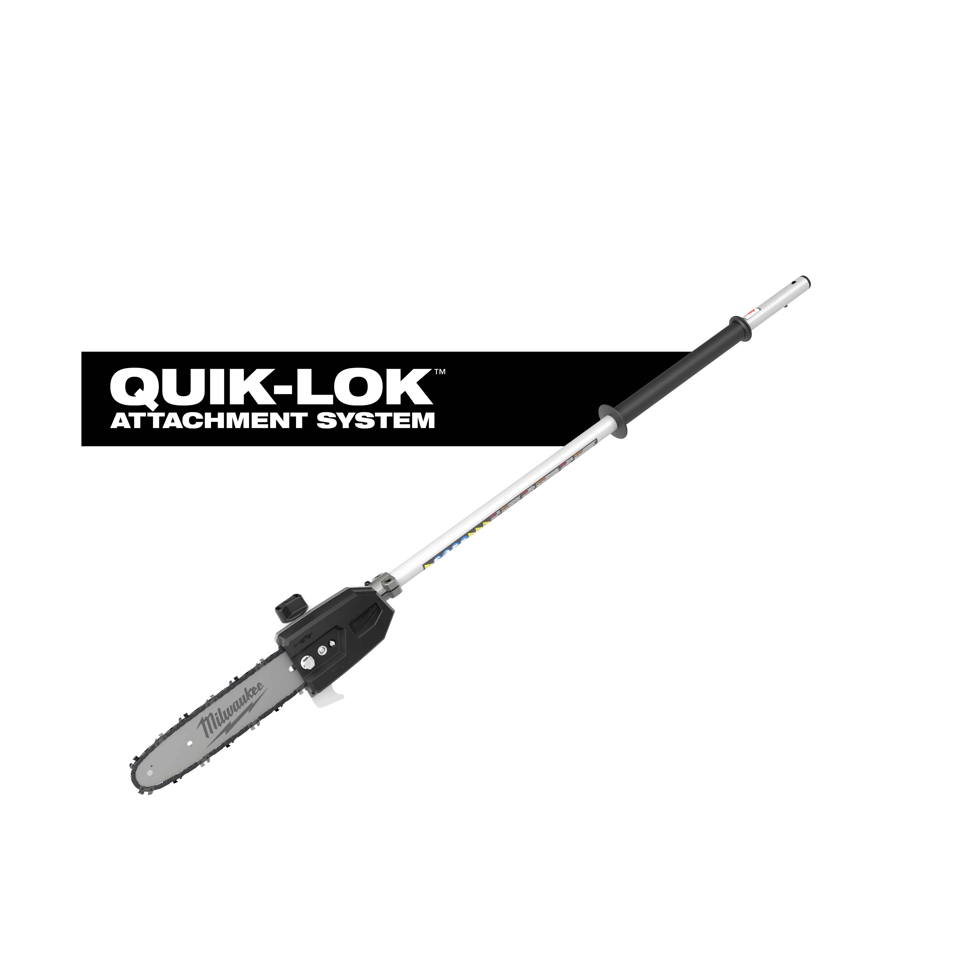 QUIK-LOK Pole Saw Attachment with a long metal pole and chainsaw head on a plain background.