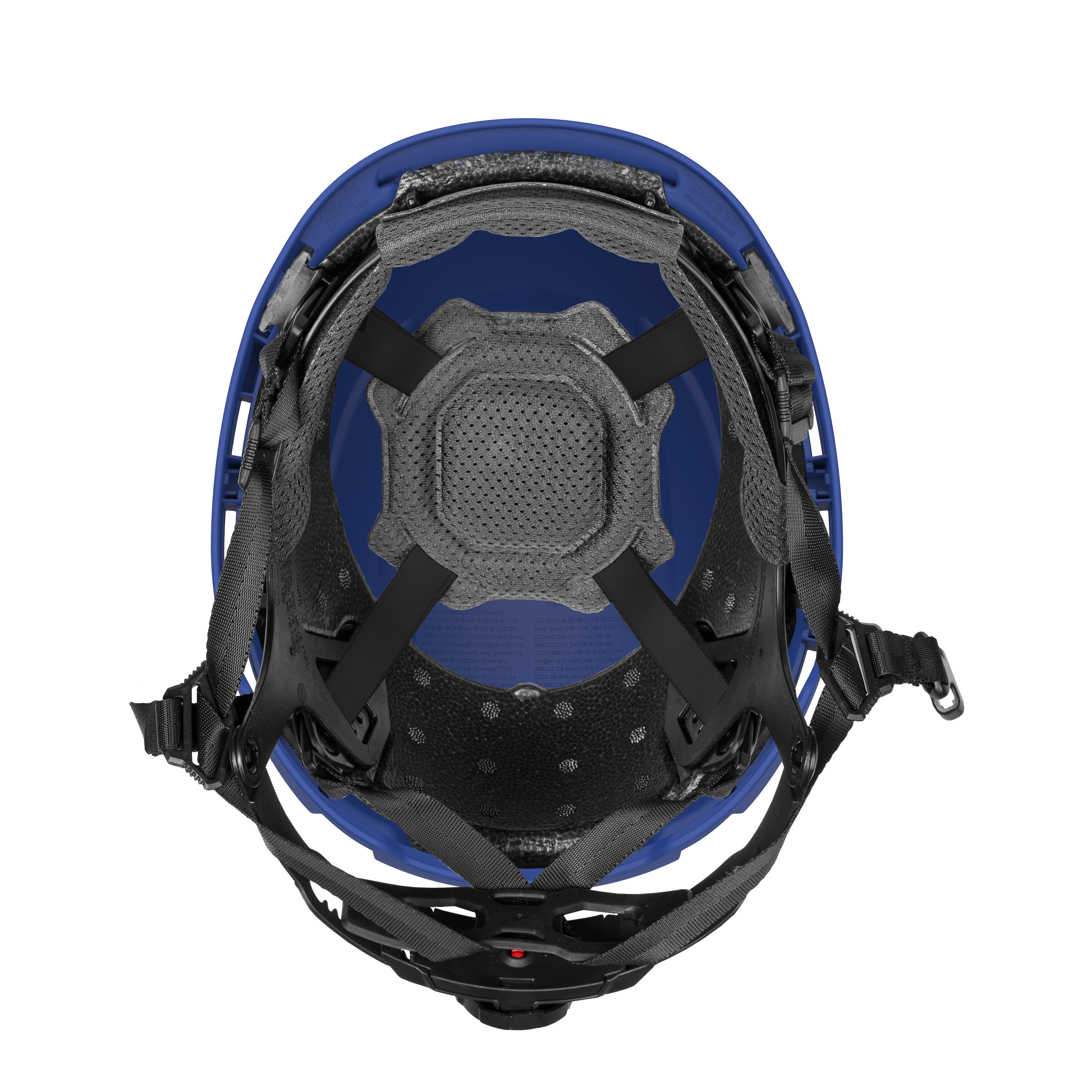 The BOLT™ Blue Safety Helmet w/ 4pt Ratcheting Suspension – Type 2, Class E features black interior padding with a red safety label and adjustable straps for secure fit, viewed from above.
