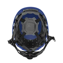 The BOLT™ Blue Safety Helmet w/ 4pt Ratcheting Suspension – Type 2, Class E features black interior padding with a red safety label and adjustable straps for secure fit, viewed from above.