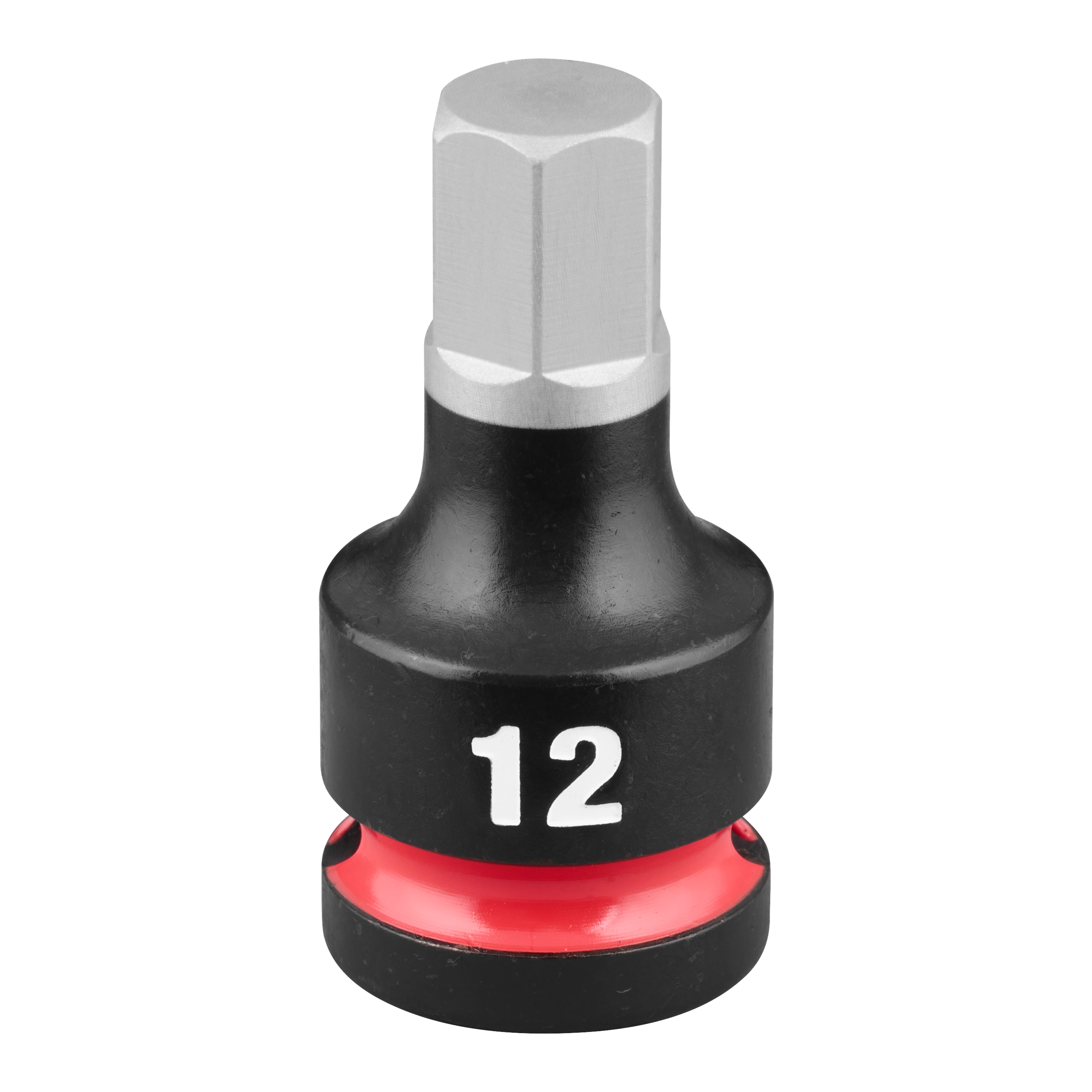 SHOCKWAVE Impact Duty 1/2" Drive 2" Hex 12mm Bit Socket standing upright with a red ring near its base.