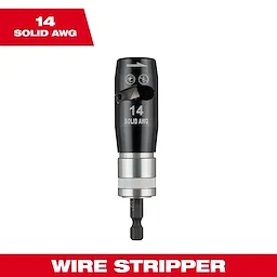 14 AWG Solid Wire Stripper designed for stripping 14-gauge solid wires. The tool has a black and silver body with an easy-to-use design. Instructions for use are printed on the tool.