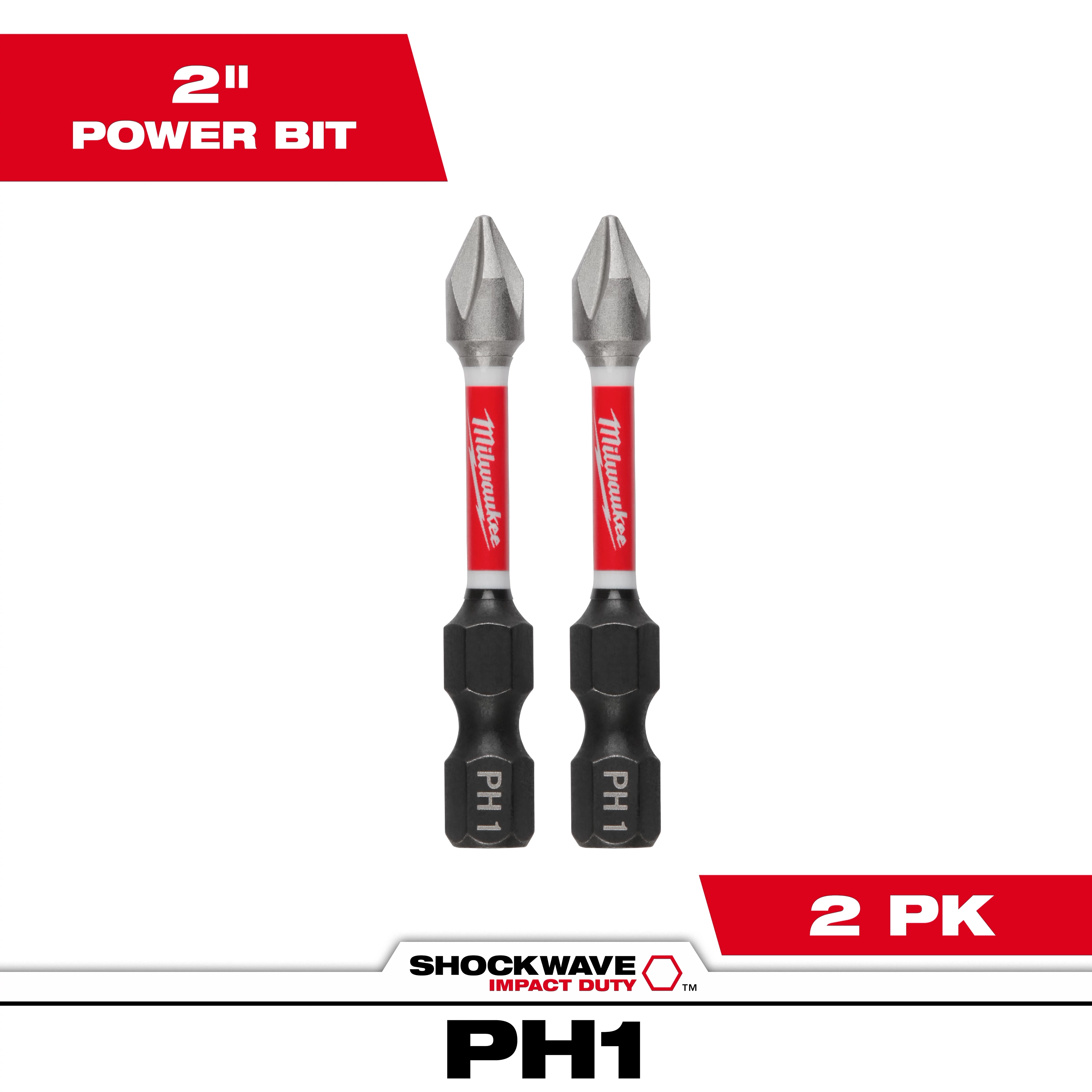 The image shows the SHOCKWAVE™ Impact Duty 2" PH1 Bit (2 Pk). The bits have a red and black design with the PH1 marking, designed for heavy-duty impact applications. The packaging highlights the 2-inch length and comes in a pack of two.