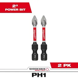 The image shows the SHOCKWAVE™ Impact Duty 2" PH1 Bit (2 Pk). The bits have a red and black design with the PH1 marking, designed for heavy-duty impact applications. The packaging highlights the 2-inch length and comes in a pack of two.