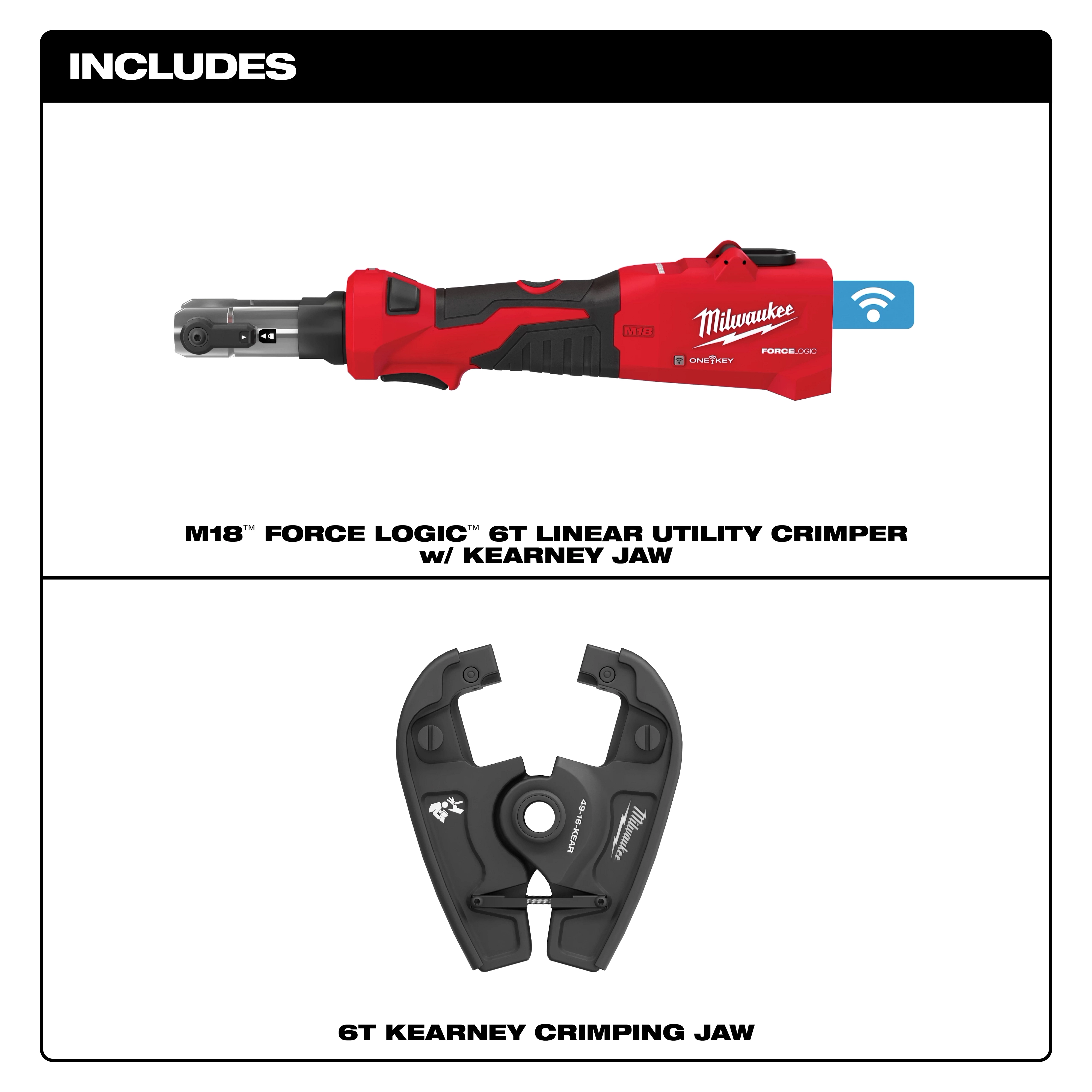 The M18™ FORCE LOGIC™ 12T Kearney Crimper kit includes a red, black, and gray crimper with a blue wireless connectivity symbol, and a separate 6T Kearney crimping jaw. The crimper features an ergonomic design for utility applications.