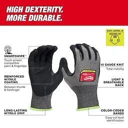 Cut Level 9 High-Dexterity Nitrile Dipped Gloves with touchscreen compatibility, 18-gauge knit, reinforced coating, and color-coded bands.