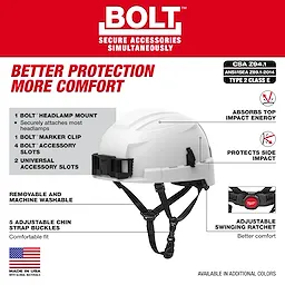 BOLT 4PT Safety Helmet - Type 2, Class E features headlamp mount, marker clip, accessory slots, washable liner, and adjustable ratchet.