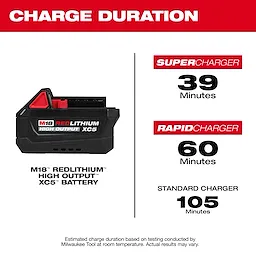 M18 REDLITHIUM HIGH OUTPUT XC5 Battery Pack shown with charge duration times for three charger types.