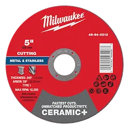 Milwaukee 5" x .045" x 7/8" Ceramic+ Metal Cut Off Wheel - Type 1 for cutting metal and stainless steel, max RPM 12,250.