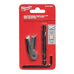 Adjustable Hole Cutter Replacement Blades and Pilot Bit set on a red card. Includes two blades, one pilot bit, and an Allen key.