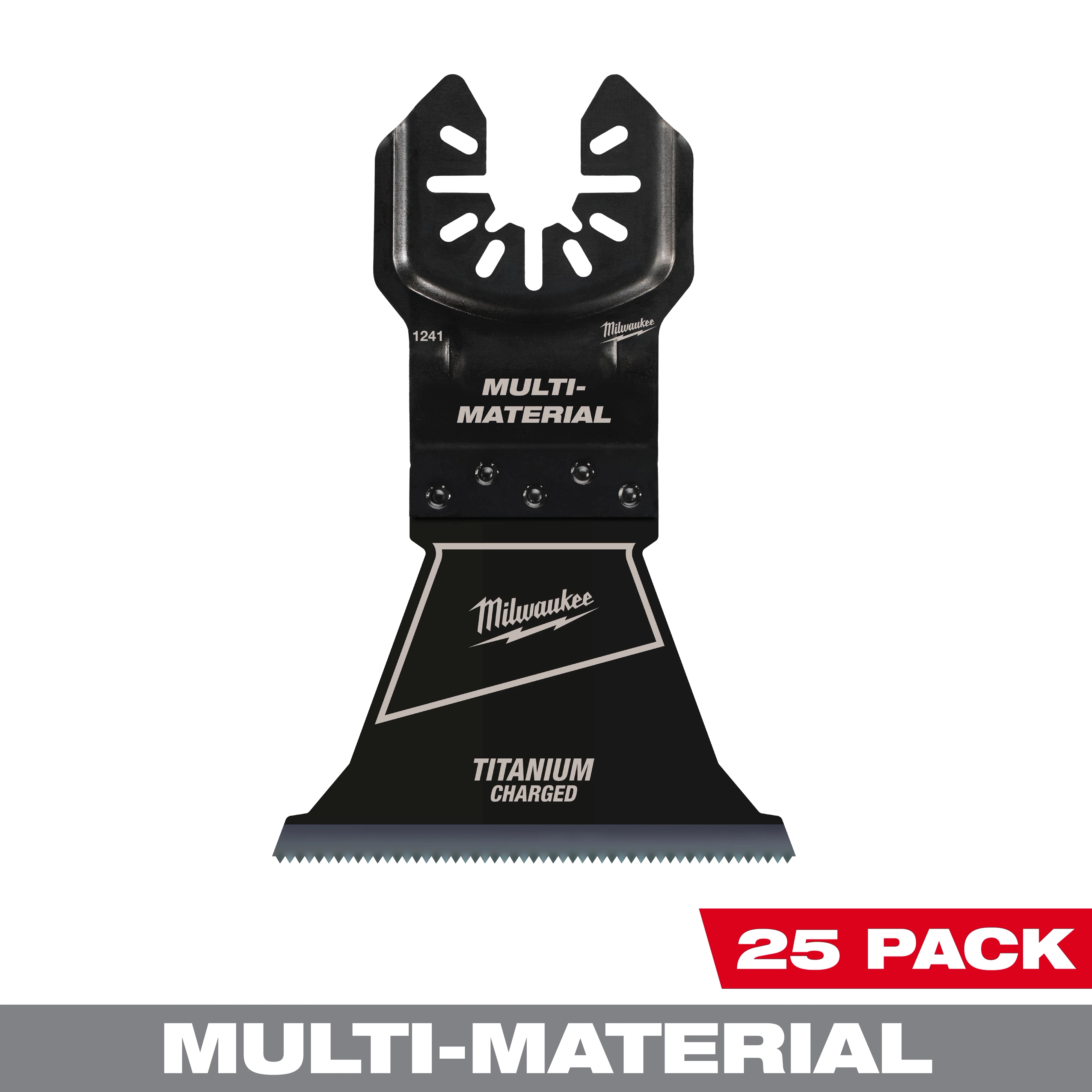 Milwaukee 2.5-inch Titanium Charged Bi-Metal Multi-Material Multi-Tool Blade, 25 pack, featuring a black blade with branding.
