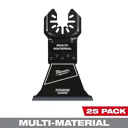 Milwaukee 2.5-inch Titanium Charged Bi-Metal Multi-Material Multi-Tool Blade, 25 pack, featuring a black blade with branding.