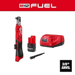 The image features the M12 FUEL™ 3/8" Ratchet kit, including a red and black cordless ratchet, a rechargeable lithium battery, a battery charger, and an extension attachment. The text "3/8" Anvil" is displayed in the bottom right corner.