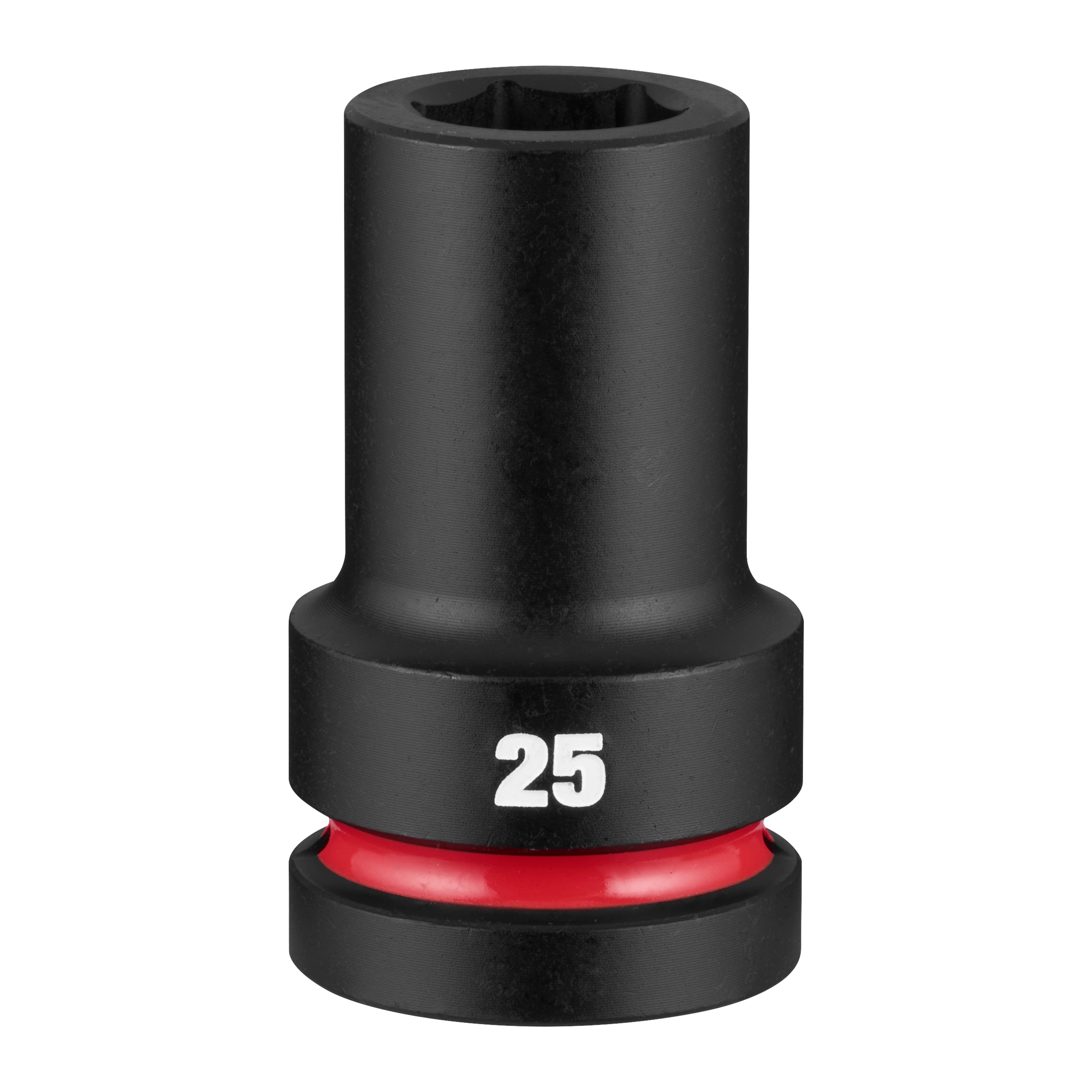 SHOCKWAVE Impact Duty 1" Drive 25mm Deep 6 Point Socket standing upright with 25 marking and red ring near the base.