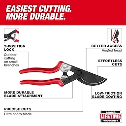 1” Angled Pruner with red handles and black angled blade centered on a white and red text background.