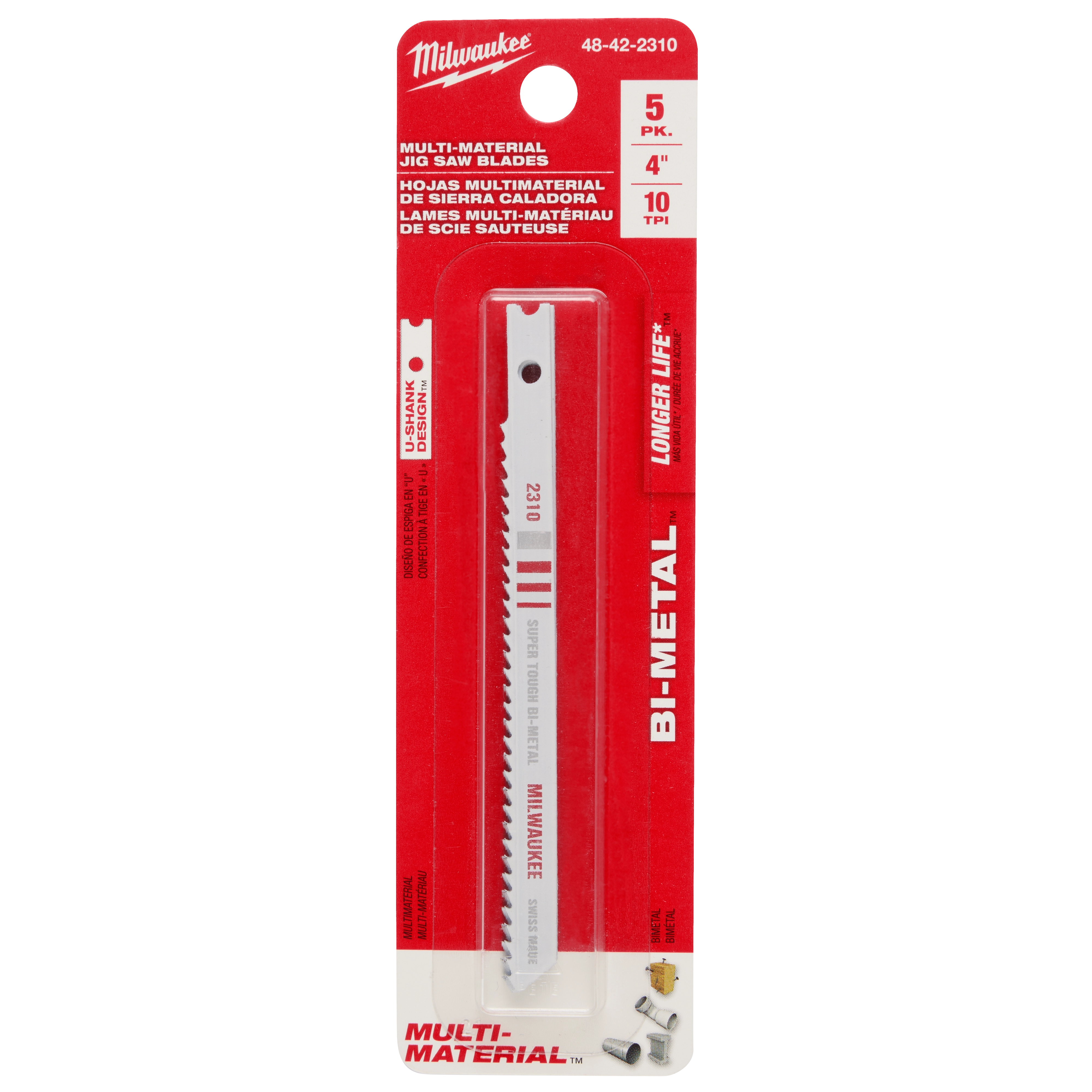 4" 10TPI U-Shank Multi-Material Bi-Metal Jig Saw Blades 5PK in red packaging, featuring one blade visible inside.