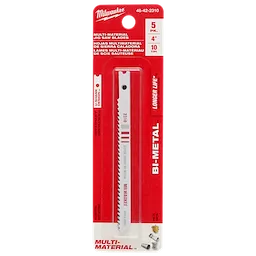 4" 10TPI U-Shank Multi-Material Bi-Metal Jig Saw Blades 5PK in red packaging, featuring one blade visible inside.
