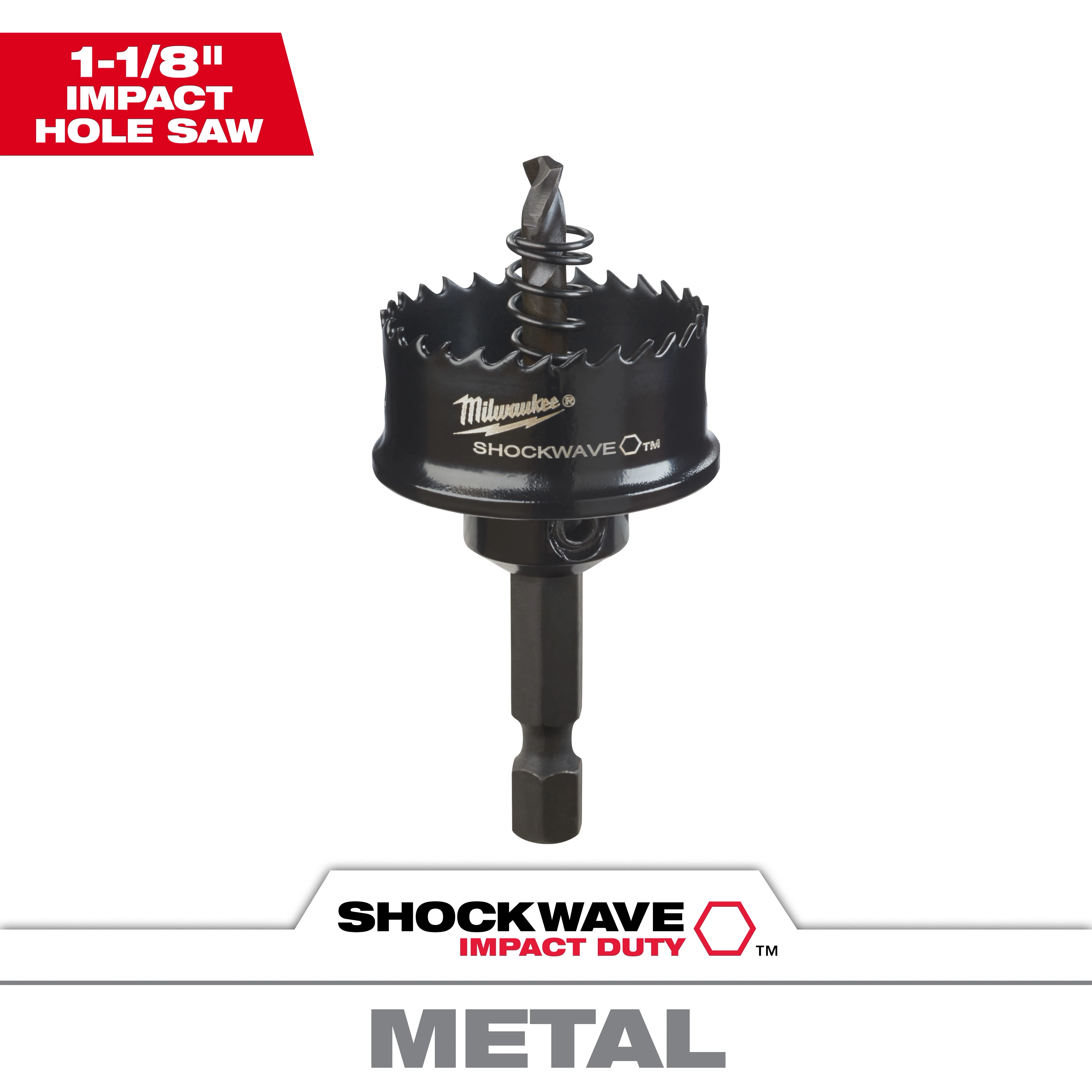 Black 1-1/8" Shockwave Impact Duty Hole Saw for cutting metal, featuring jagged edges and a central drill bit.