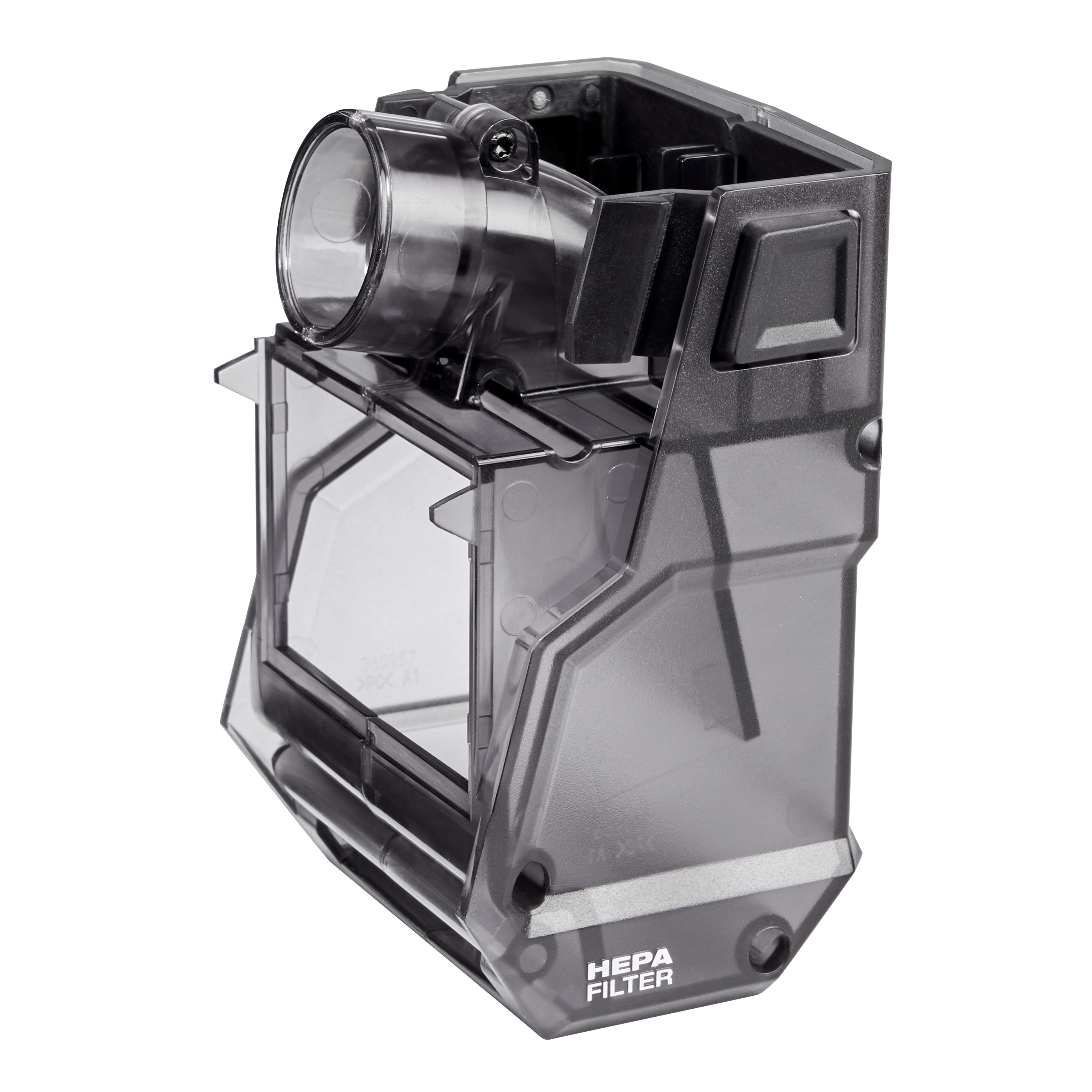 M18 FUEL HAMMERVAC Dedicated Dust Extractor Dust Box, Filter and Lid, featuring a transparent HEPA filter container and grey casing.