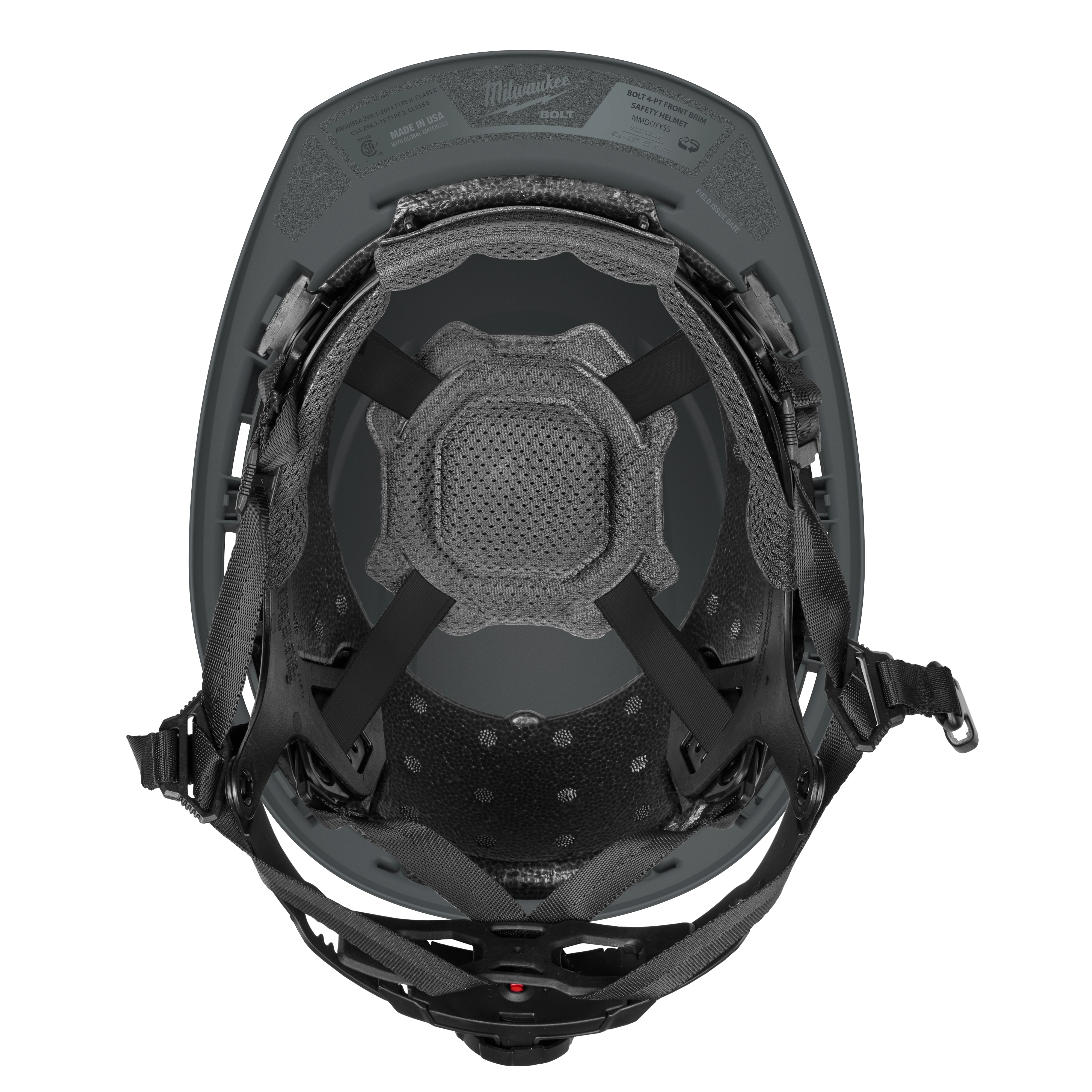 The BOLT™ Grey Front Brim Safety Helmet w/ 4pt Ratcheting Suspension - Type 2, Class E is shown from above. The inner view highlights the black, adjustable 4-point ratcheting suspension system designed for a secure fit and added comfort.