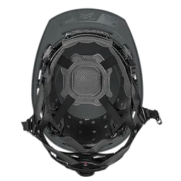 The BOLT™ Grey Front Brim Safety Helmet w/ 4pt Ratcheting Suspension - Type 2, Class E is shown from above. The inner view highlights the black, adjustable 4-point ratcheting suspension system designed for a secure fit and added comfort.