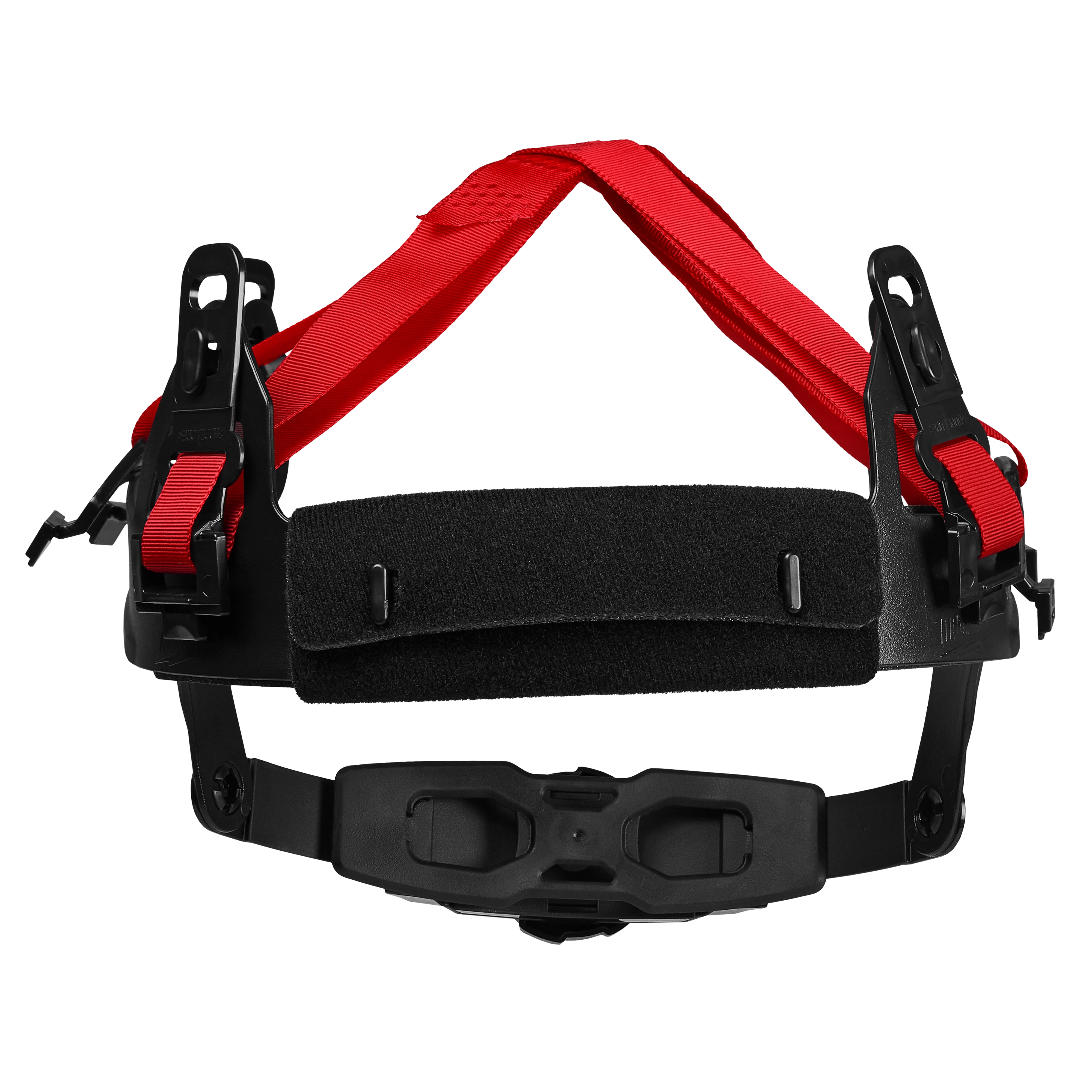 BOLT 6-Point Ratcheting Suspension features red straps, black cushioning, and adjustable ratcheting mechanisms for secure fit.