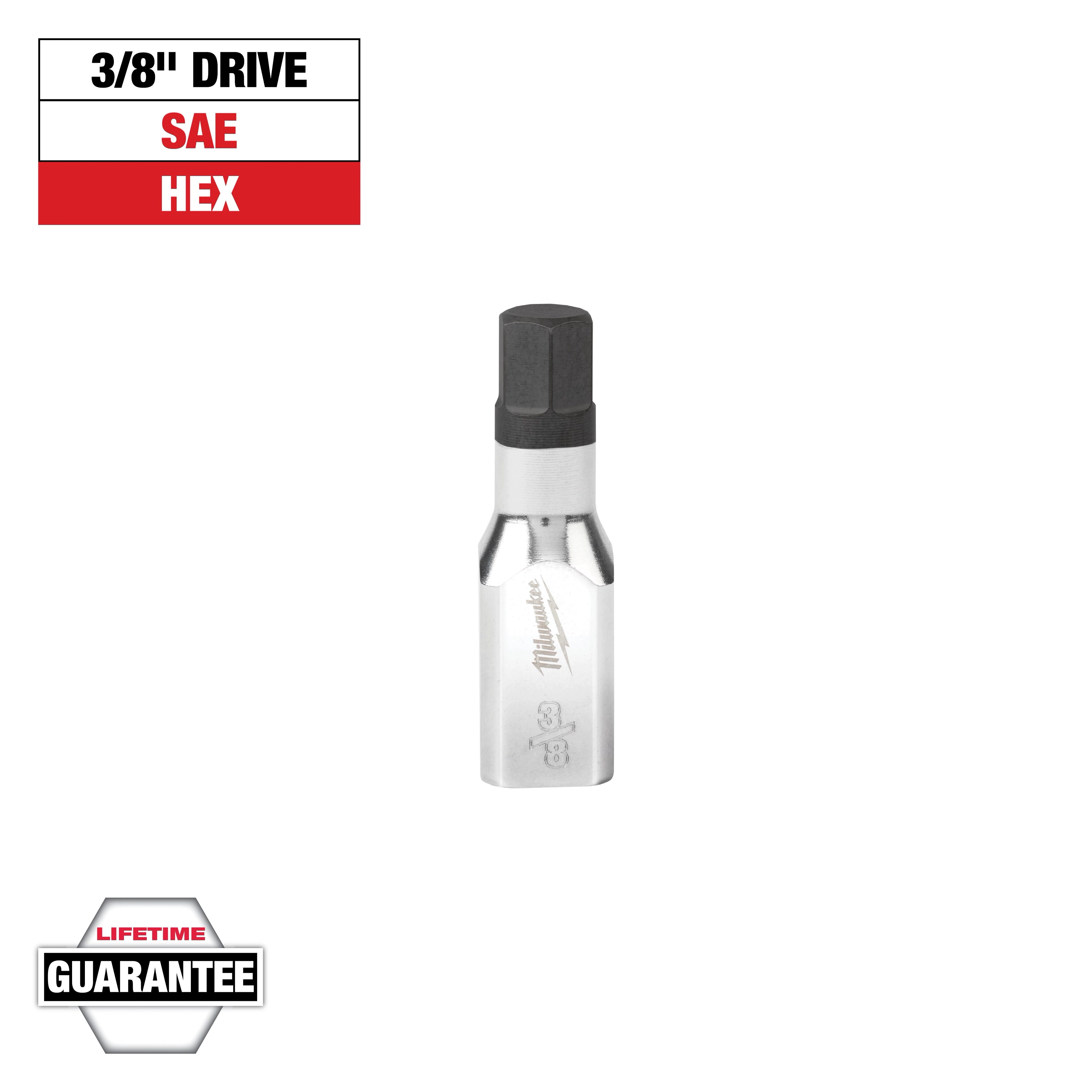 This image shows a 3/8" drive SAE hex bit by Milwaukee, featuring a metal body with a hexagonal tip. It includes a badge indicating a lifetime guarantee.