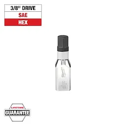 This image shows a 3/8" drive SAE hex bit by Milwaukee, featuring a metal body with a hexagonal tip. It includes a badge indicating a lifetime guarantee.