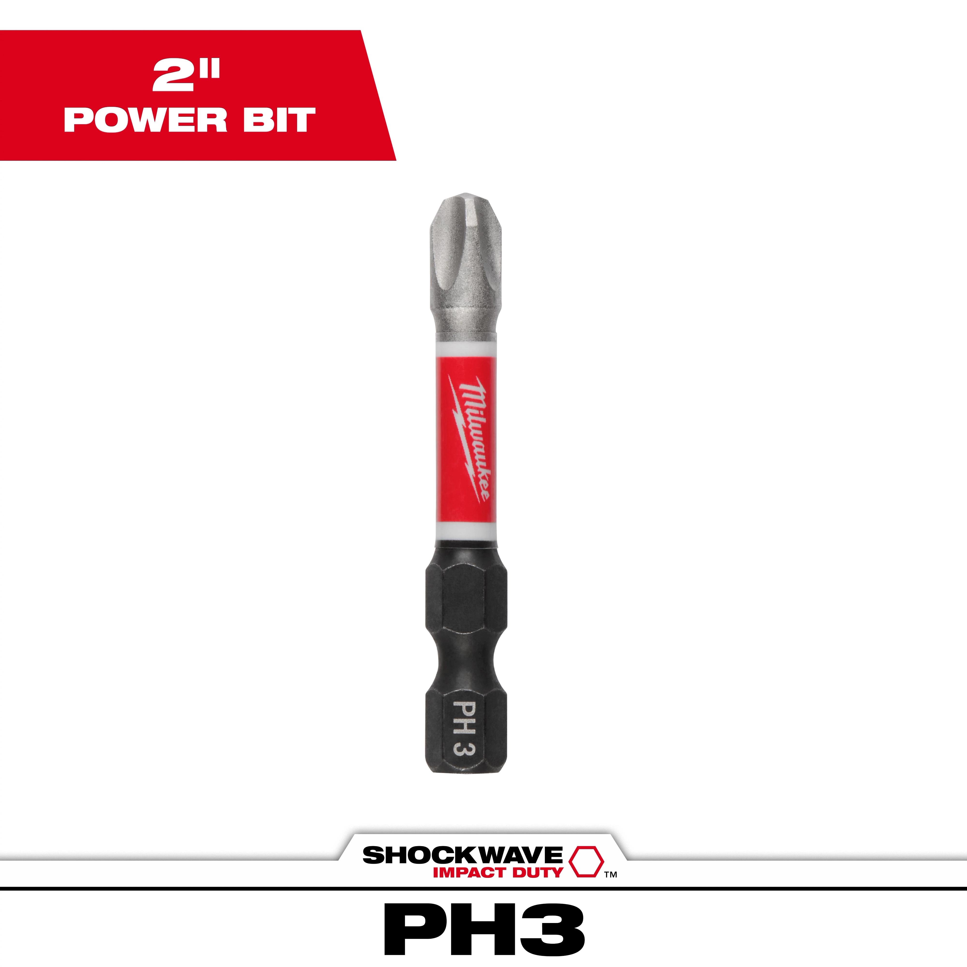The image shows a SHOCKWAVE™ 2” Impact Duty Phillips #3 Power Bit. It features a red and silver design with the Milwaukee logo and the text "PH 3" at the base. Upper text reads "2” Power Bit."