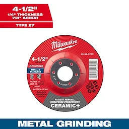 4-1/2" x 1/4" x 7/8" Ceramic+ Metal Grinding Wheel - Type 27, red and grey, for metal and stainless, max RPM 13,300.