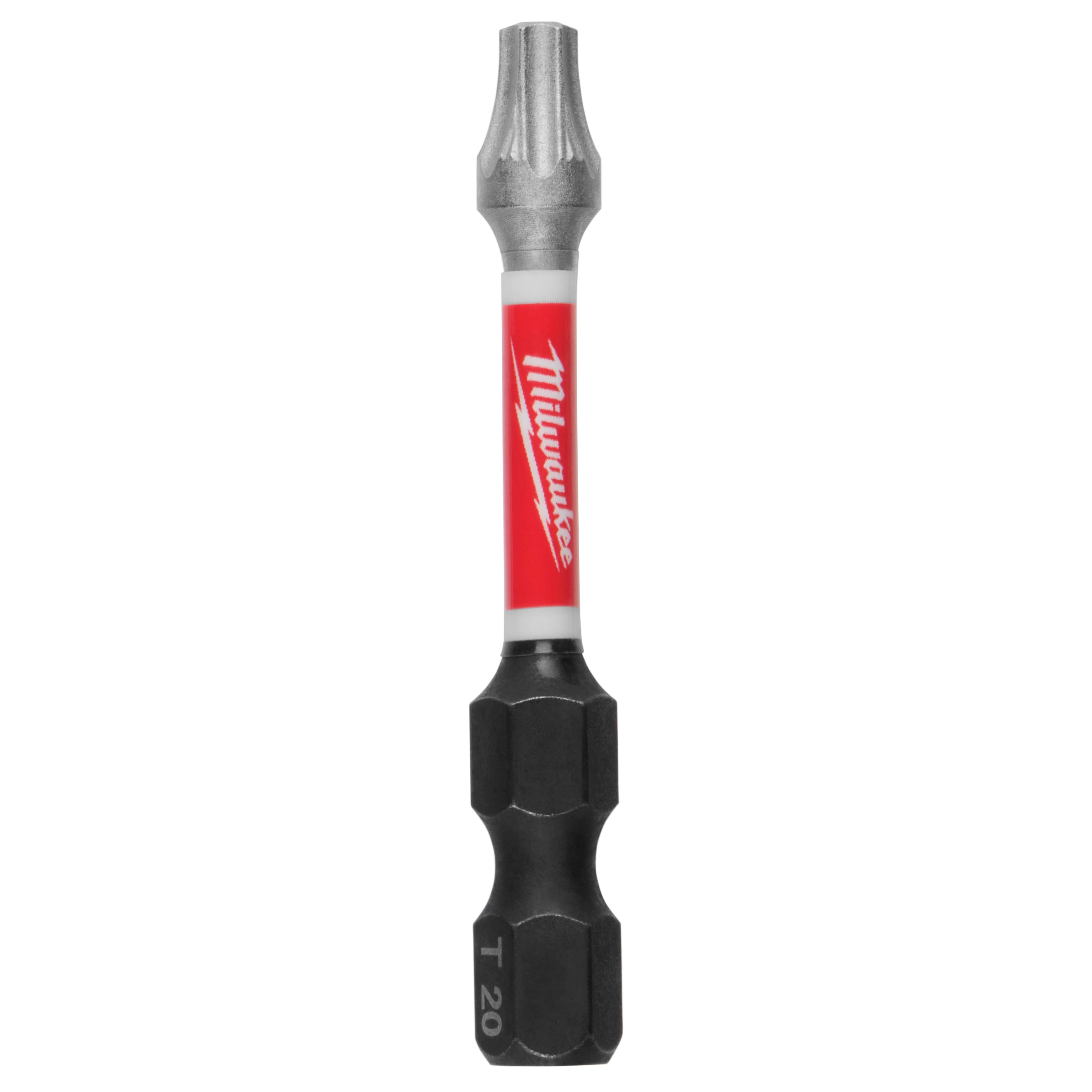 The image shows a SHOCKWAVE™ 2" Impact Duty TORX® T20 Power Bit with a hexagonal base. The bit has a red middle section featuring the Milwaukee logo and a silver TORX® T20 tip.