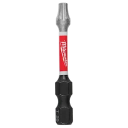 The image shows a SHOCKWAVE™ 2" Impact Duty TORX® T20 Power Bit with a hexagonal base. The bit has a red middle section featuring the Milwaukee logo and a silver TORX® T20 tip.
