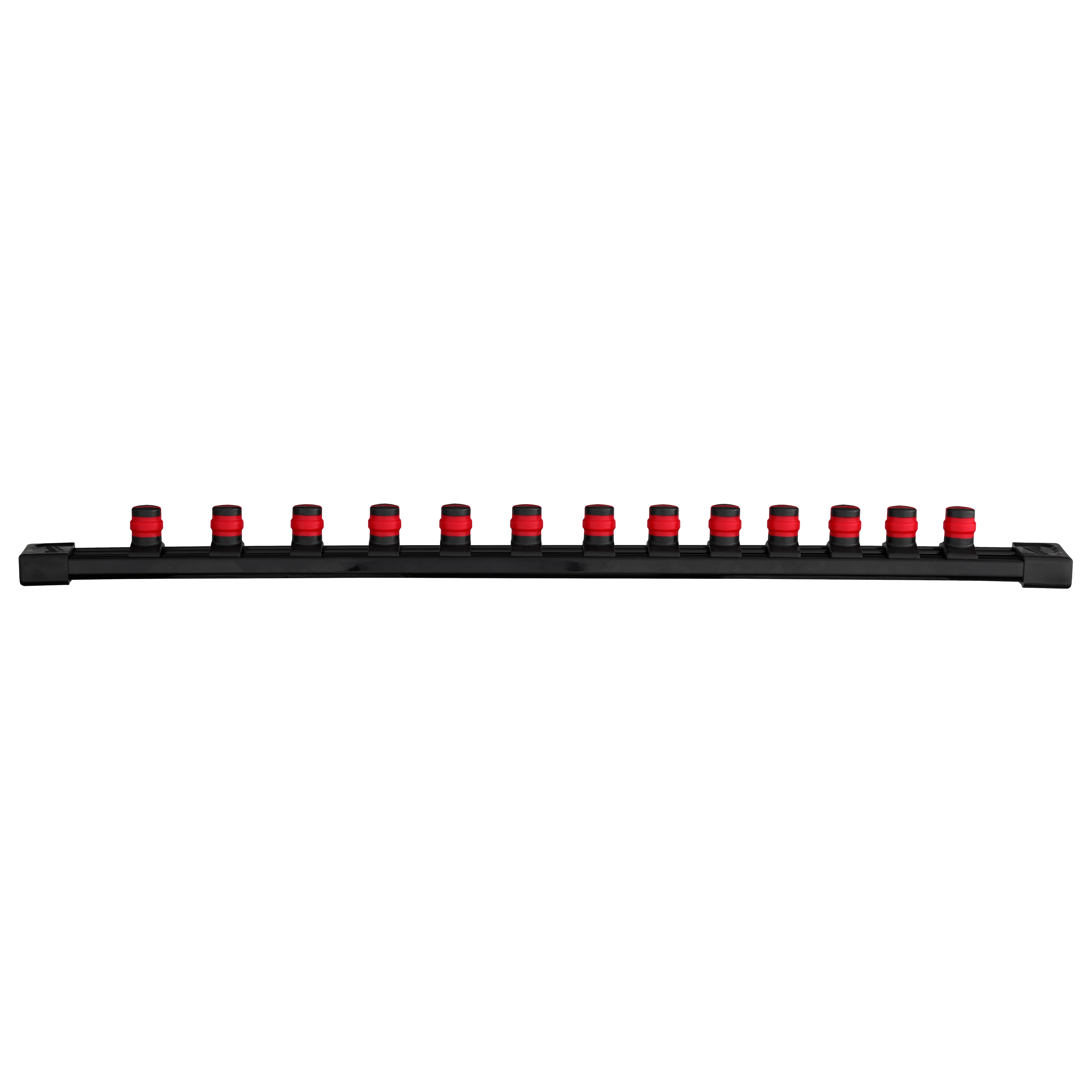 A 13-piece 1/2” Drive 12-Point Metric Socket Set on a black rail, featuring sockets with black bases and red grips, evenly spaced along the holder.
