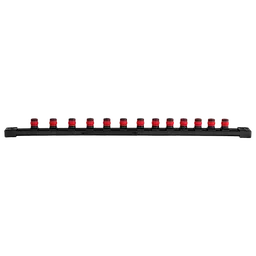A 13-piece 1/2” Drive 12-Point Metric Socket Set on a black rail, featuring sockets with black bases and red grips, evenly spaced along the holder.