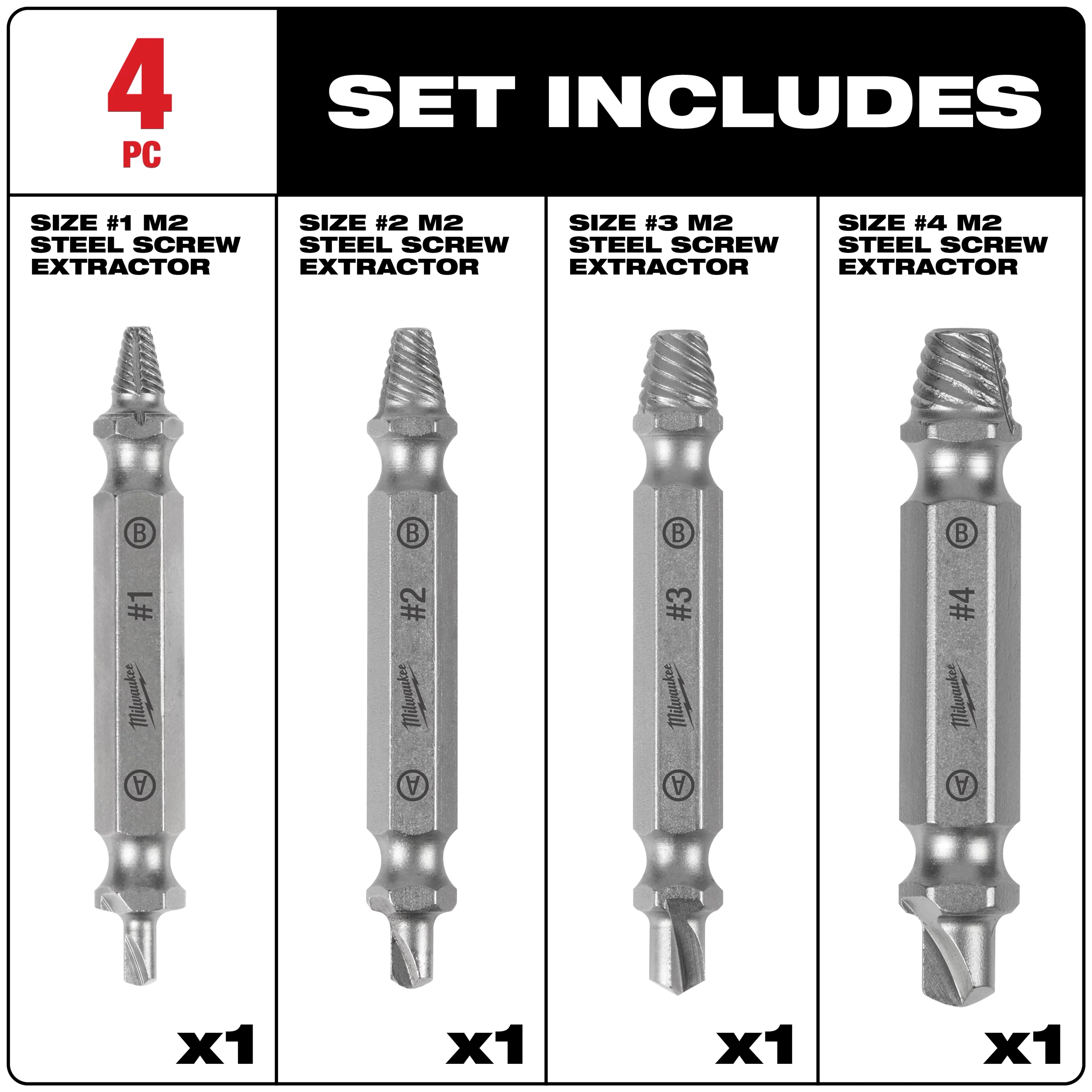 The M2 Steel Screw Extractor Set 4PC includes four screw extractors, sizes #1, #2, #3, and #4. Each extractor is labeled with its size and features a hexagonal shaft and a tapered spiral end for removing damaged screws. The set is displayed against a white background and black header.