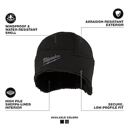 Milwaukee Sherpa-Lined Beanie with text callouts highlighting shell, interior, exterior, fit, and available colors.