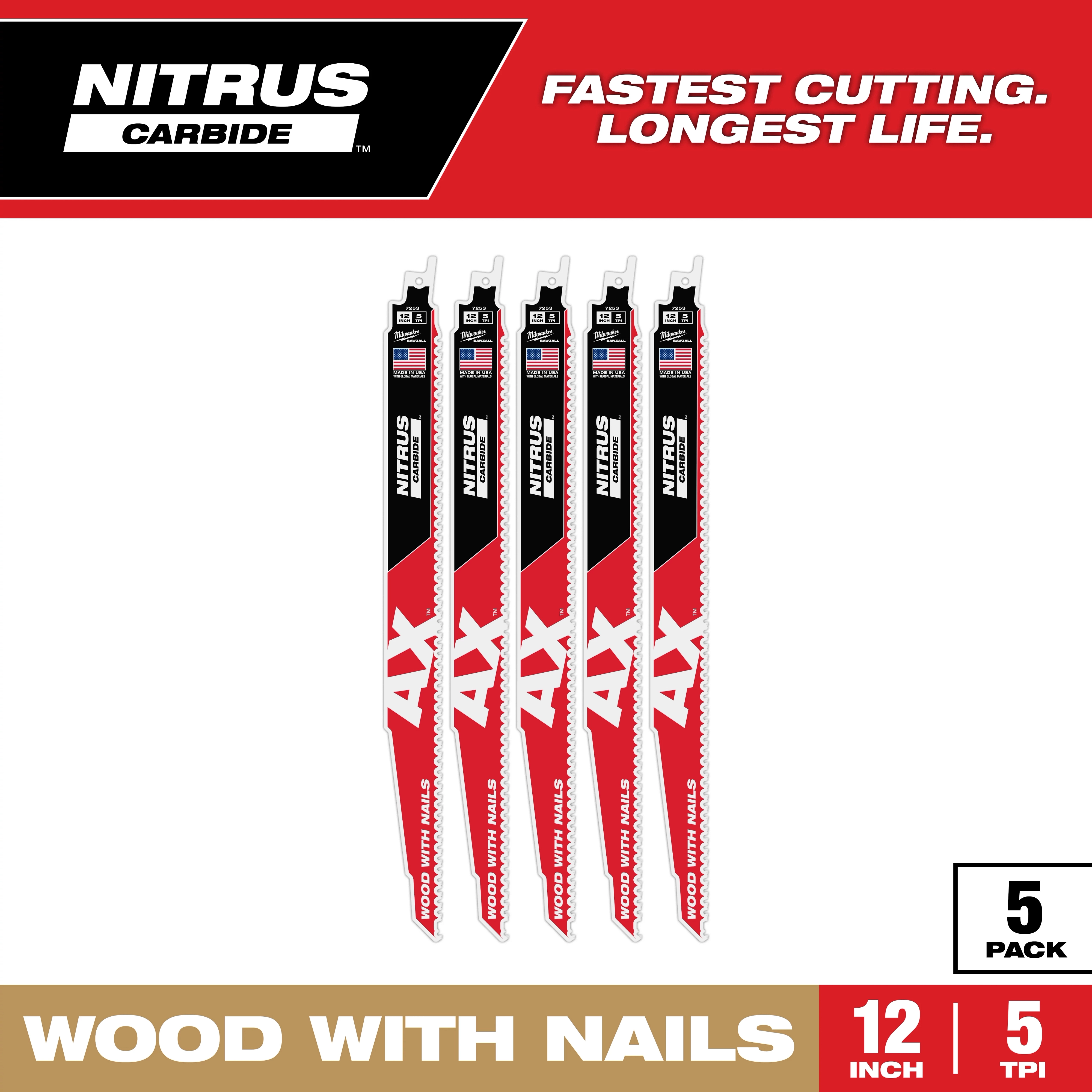 Five NITRUS Carbide 12" 5 TPI AX w/NITRUS Carbide Teeth SAWZALL Blades for Wood with Nails displayed vertically, packaged as a 5 pack.